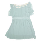 HERMES Womens Light Blue Silk Day Dress Lace Trim Short Sleeve M Elegant