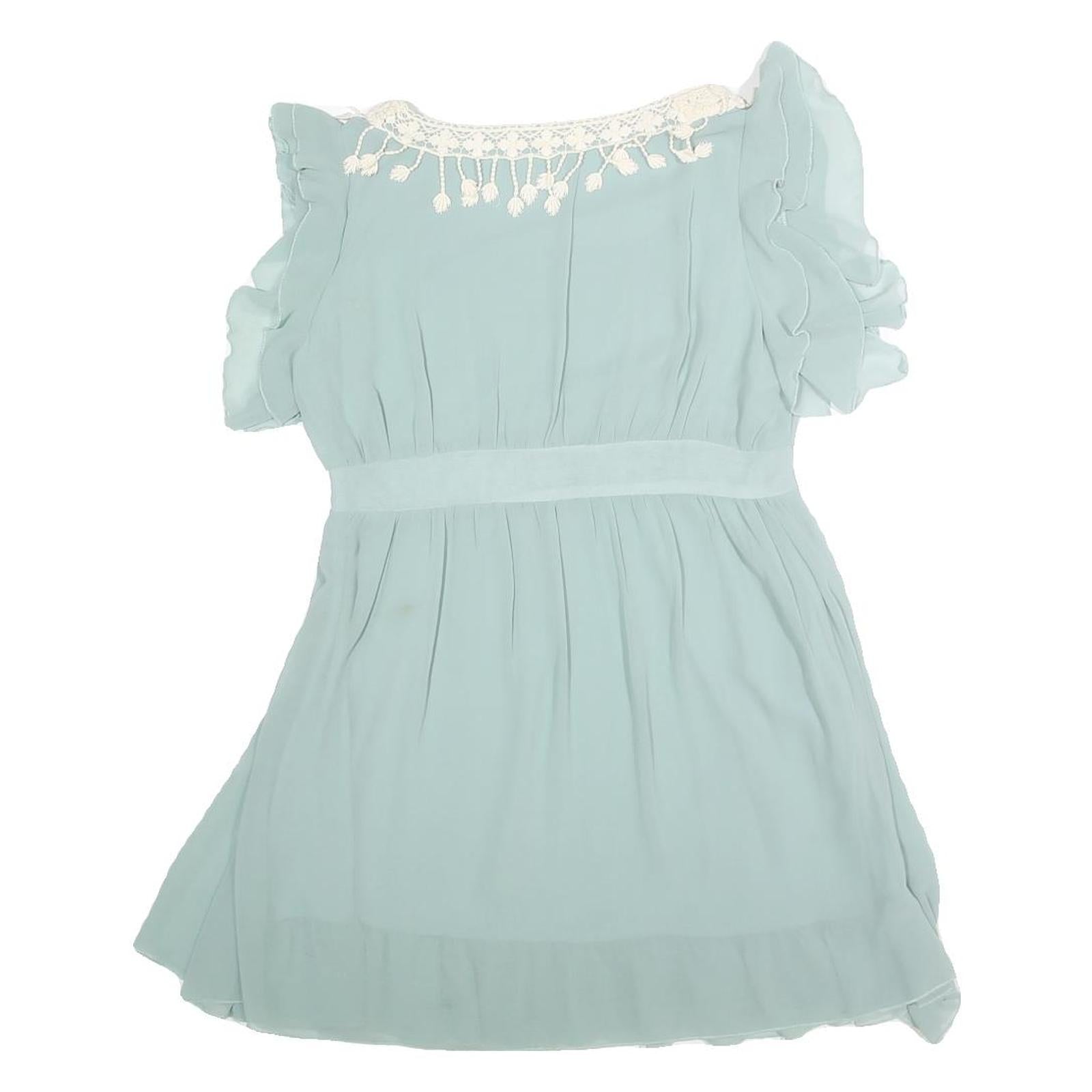 HERMES Womens Light Blue Silk Day Dress Lace Trim Short Sleeve M Elegant