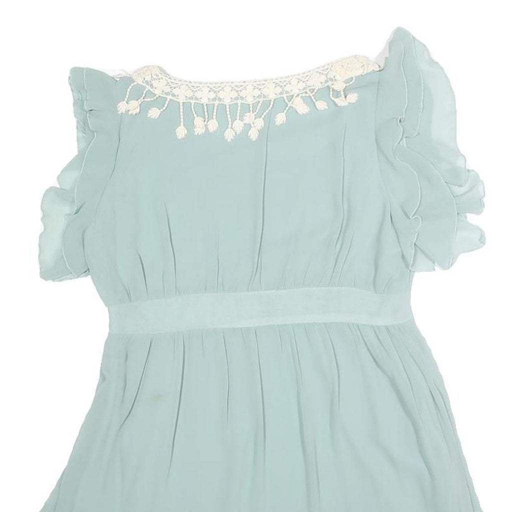 HERMES Womens Light Blue Silk Day Dress Lace Trim Short Sleeve M Elegant