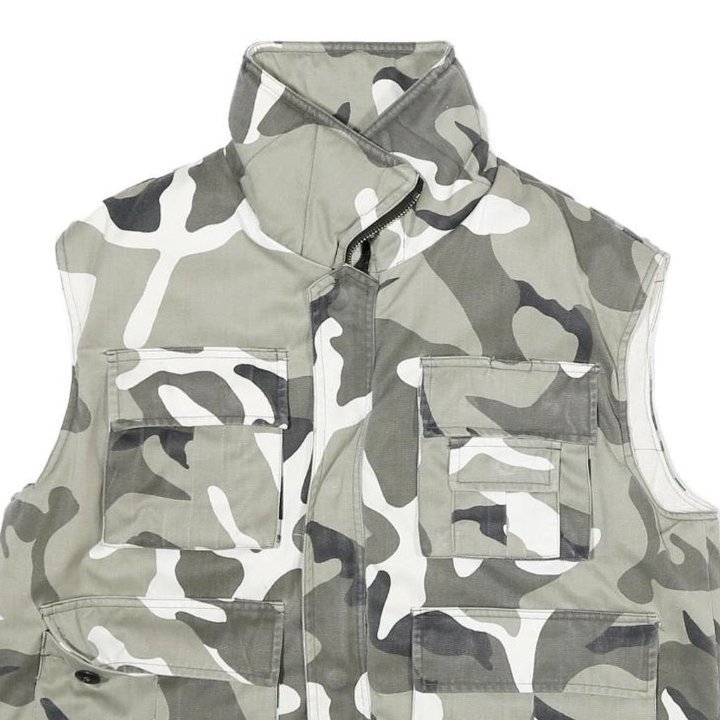 Mens Grey White Camouflage Cotton Blend Sleeveless Zip Jacket S Casual Utility