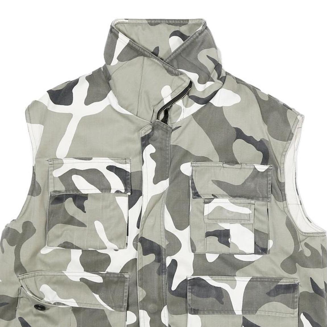 Mens Grey White Camouflage Cotton Blend Sleeveless Zip Jacket S Casual Utility