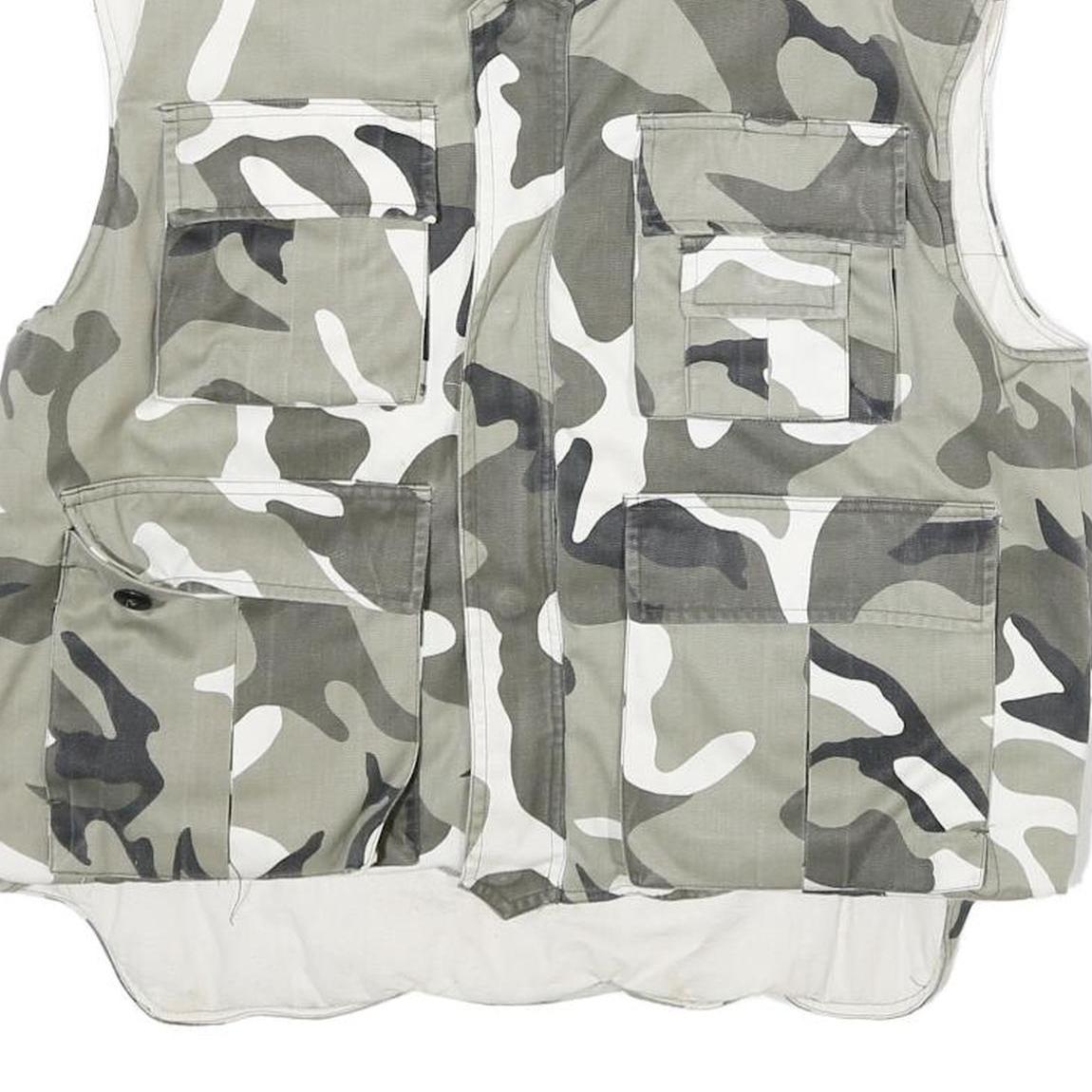 Mens Grey White Camouflage Cotton Blend Sleeveless Zip Jacket S Casual Utility