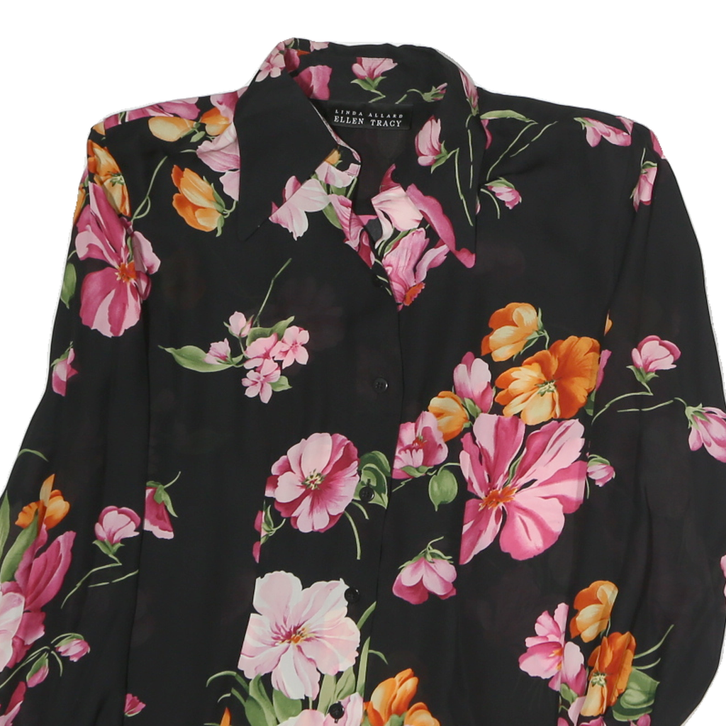 ELLEN TRACY Womens Black & Pink Floral Shirt M Elegant Polyester Button Down