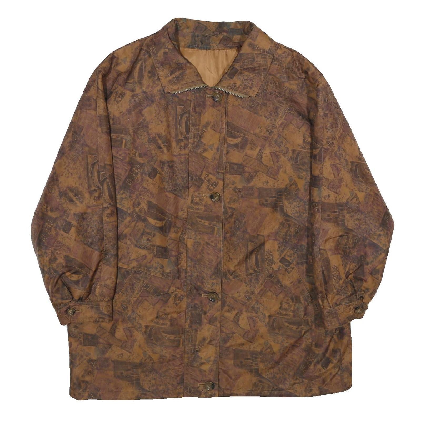 Womens Brown Abstract Print Jacket XL Woven Zip Long Sleeve Casual Outerwear