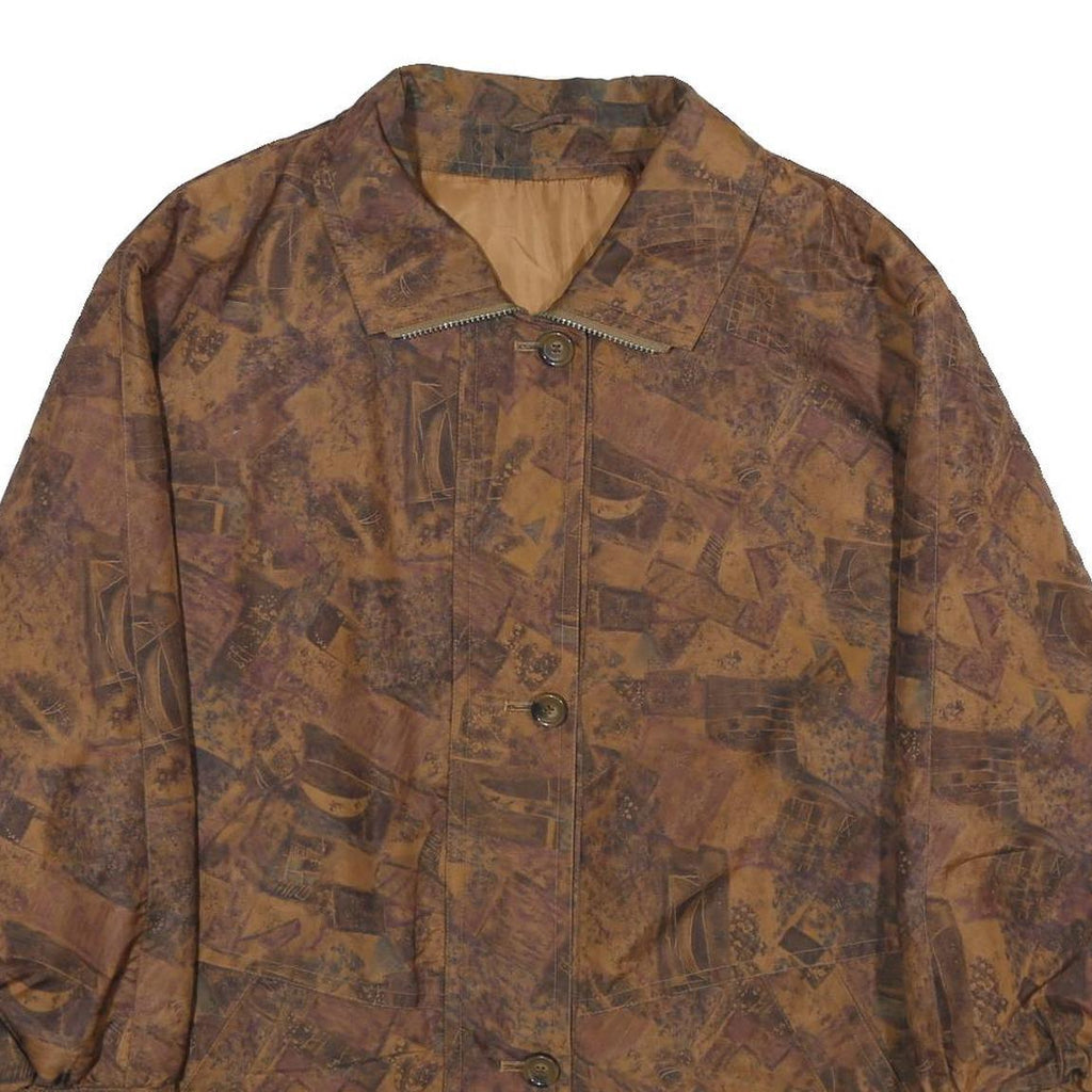 Womens Brown Abstract Print Jacket XL Woven Zip Long Sleeve Casual Outerwear
