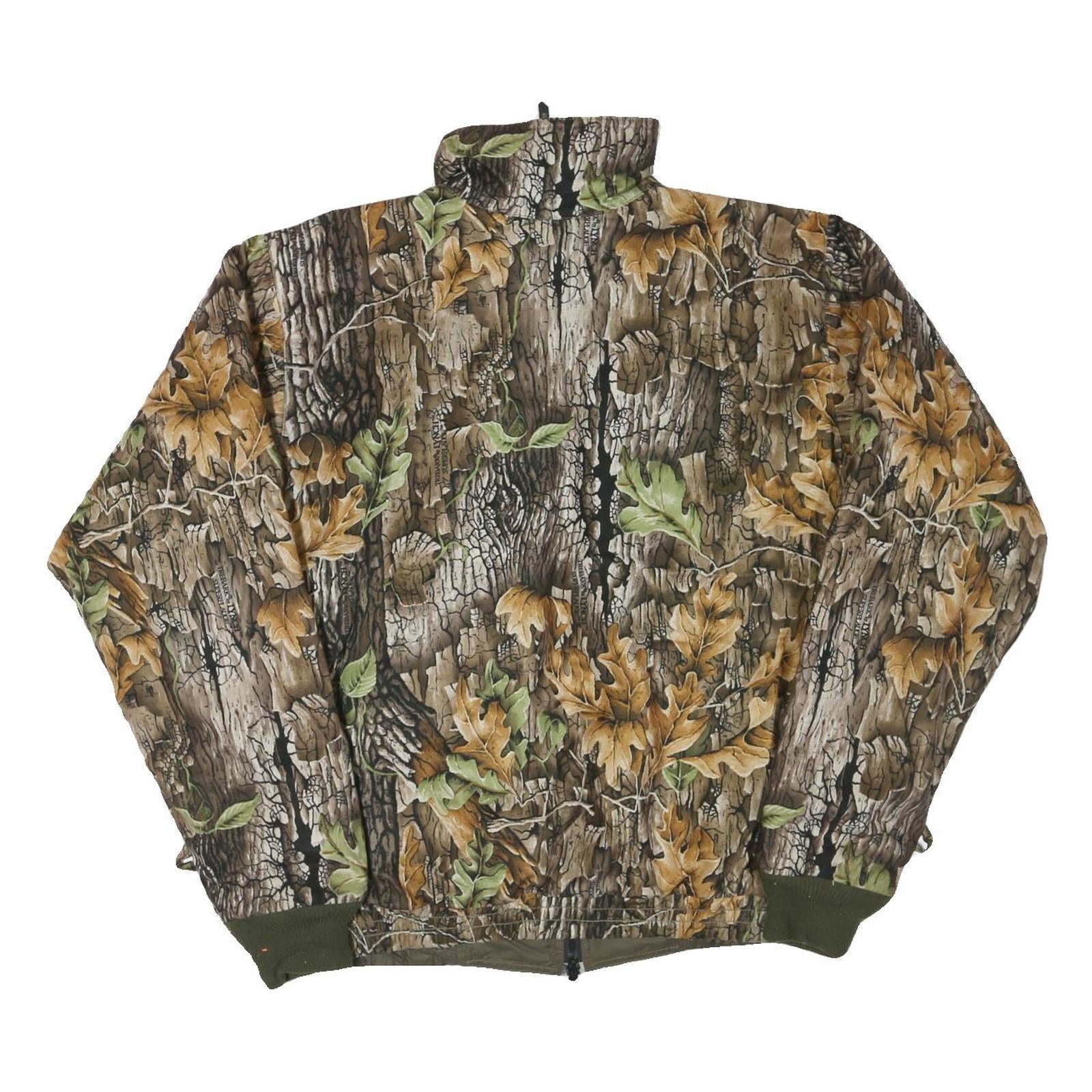 Mens Brown Green Oak Leaf Camouflage Zip Jacket Polyester Blend Reversible