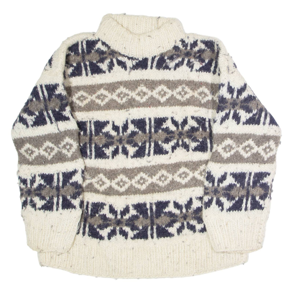 Womens Patterned Jumper White Fair Isle High Neck 90s Chunky Knit Wool M