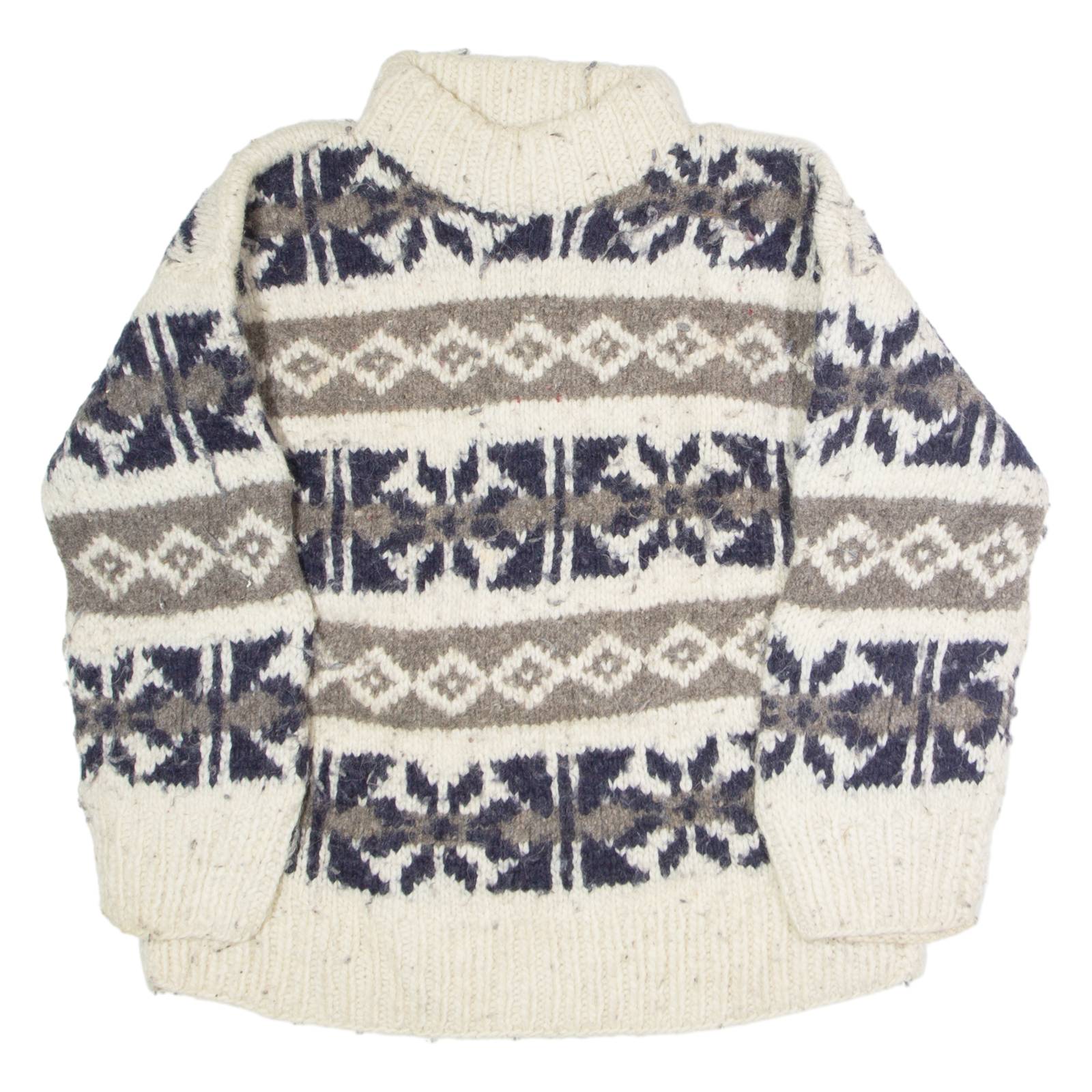 Womens Patterned Jumper White Fair Isle High Neck 90s Chunky Knit Wool M