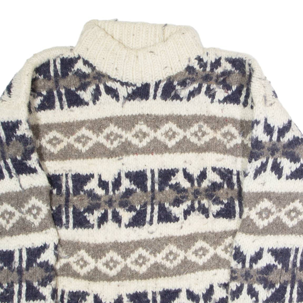 Womens Patterned Jumper White Fair Isle High Neck 90s Chunky Knit Wool M