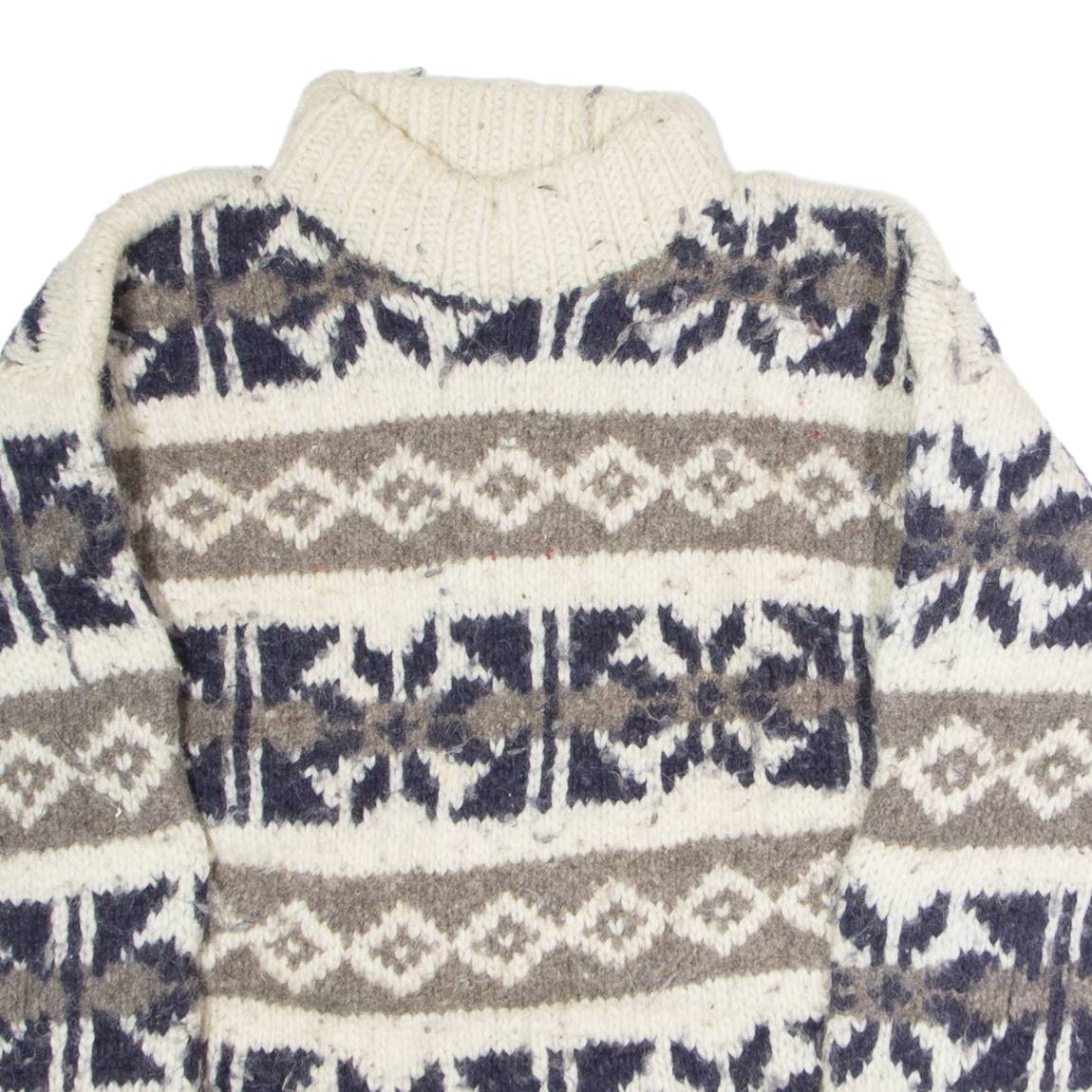 Womens Patterned Jumper White Fair Isle High Neck 90s Chunky Knit Wool M