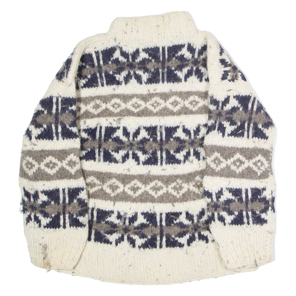 Womens Patterned Jumper White Fair Isle High Neck 90s Chunky Knit Wool M