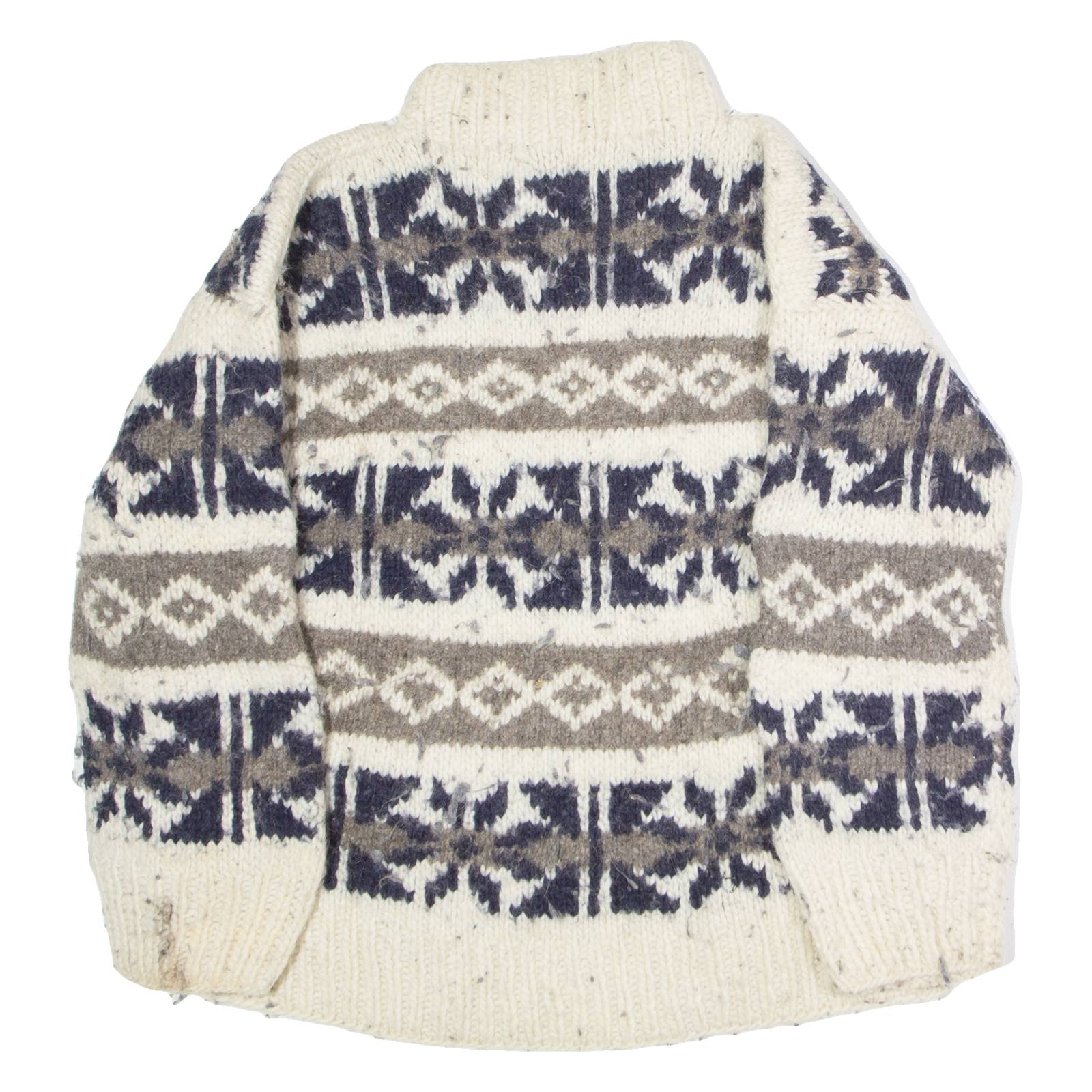 Womens Patterned Jumper White Fair Isle High Neck 90s Chunky Knit Wool M