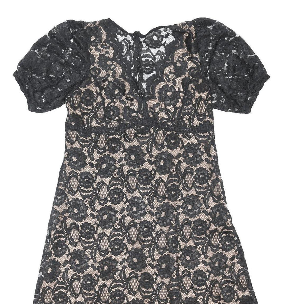 LIPSY Womens Black & Nude Fit & Flare Lace Short Sleeve Knee Length Dress UK 16