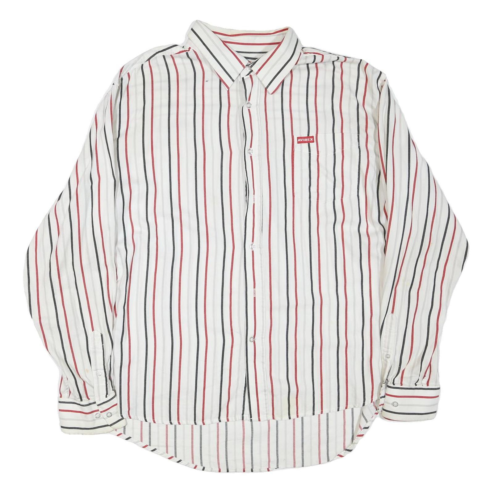 AVIREX Mens White & Red & Black Striped Shirt 2XL Cotton Blend Casual Button