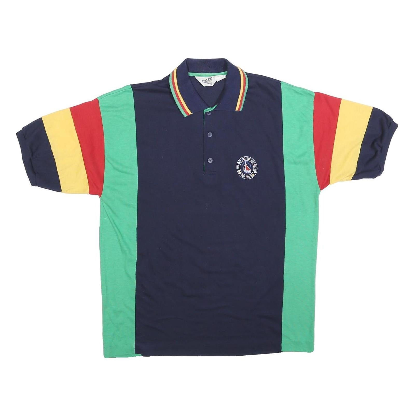 COURT CLUB Mens Navy Green Red & Yellow Colour Block Short Sleeve Polo Shirt L