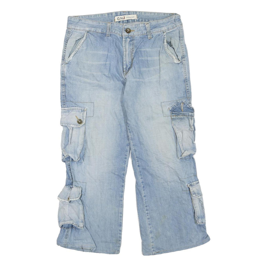 GNJ Mens Regular Fit Blue Cargo Cotton Blend Jeans W36 L26 Pockets Zip Closure