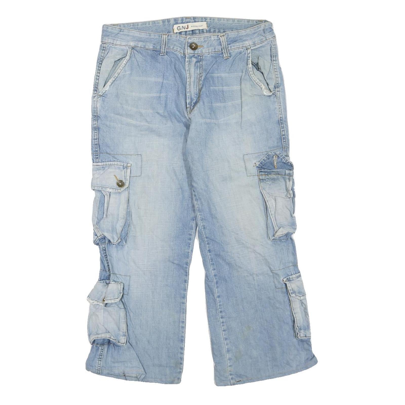 GNJ Mens Regular Fit Blue Cargo Cotton Blend Jeans W36 L26 Pockets Zip Closure