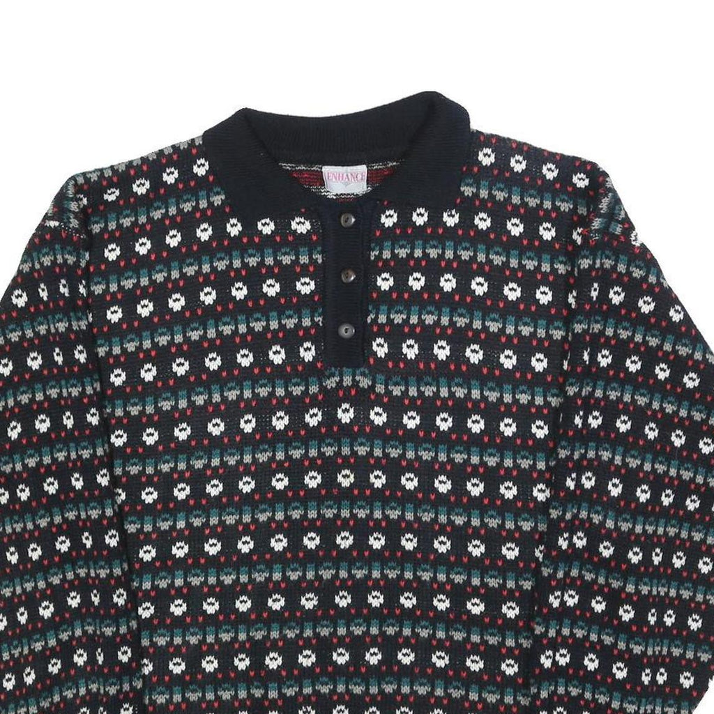 ENHANCE Womens Black Patterned Button Up Acrylic Jumper L Floral Knit