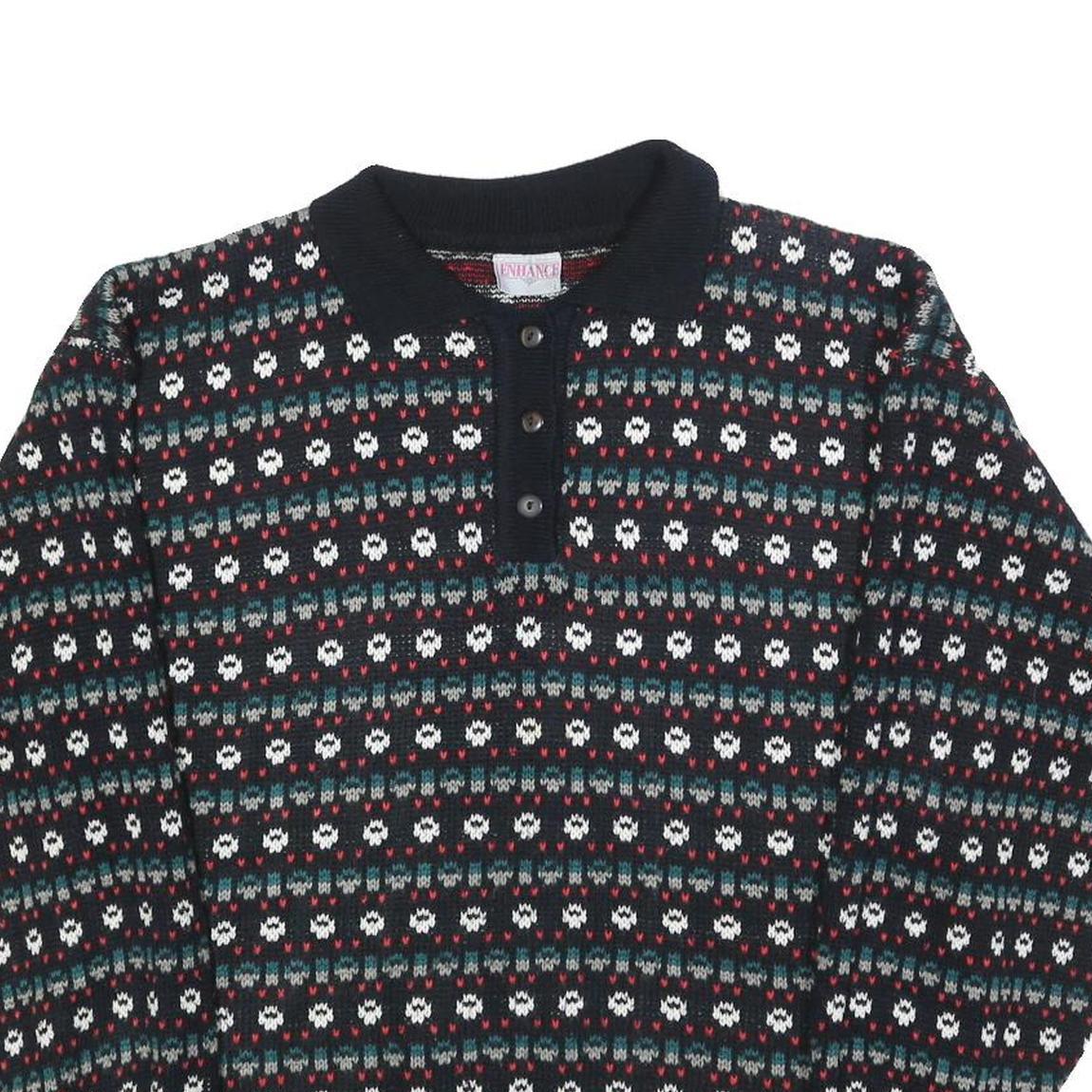 ENHANCE Womens Black Patterned Button Up Acrylic Jumper L Floral Knit