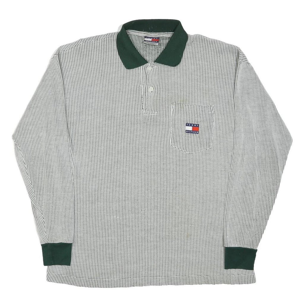 TOMMY HILFIGER Mens White & Dark Green Long Sleeve Checked Polo Shirt L Cotton