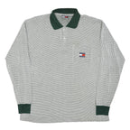 TOMMY HILFIGER Mens White & Dark Green Long Sleeve Checked Polo Shirt L Cotton