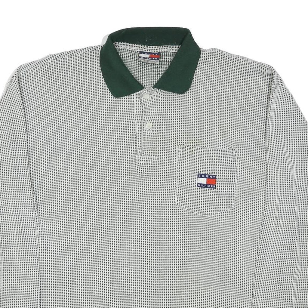 TOMMY HILFIGER Mens White & Dark Green Long Sleeve Checked Polo Shirt L Cotton