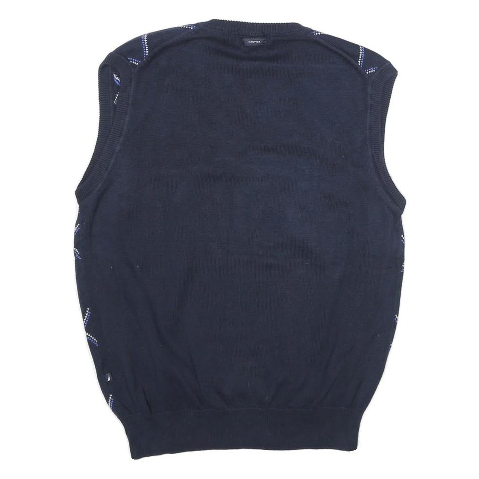 NAUTICA Mens Blue & White Patterned V-Neck Cotton Jumper M Sleeveless Classic