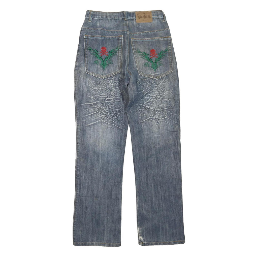 MINGRONG Womens Jeans Blue Regular Straight Denim W28 L30 Distressed Embroidery