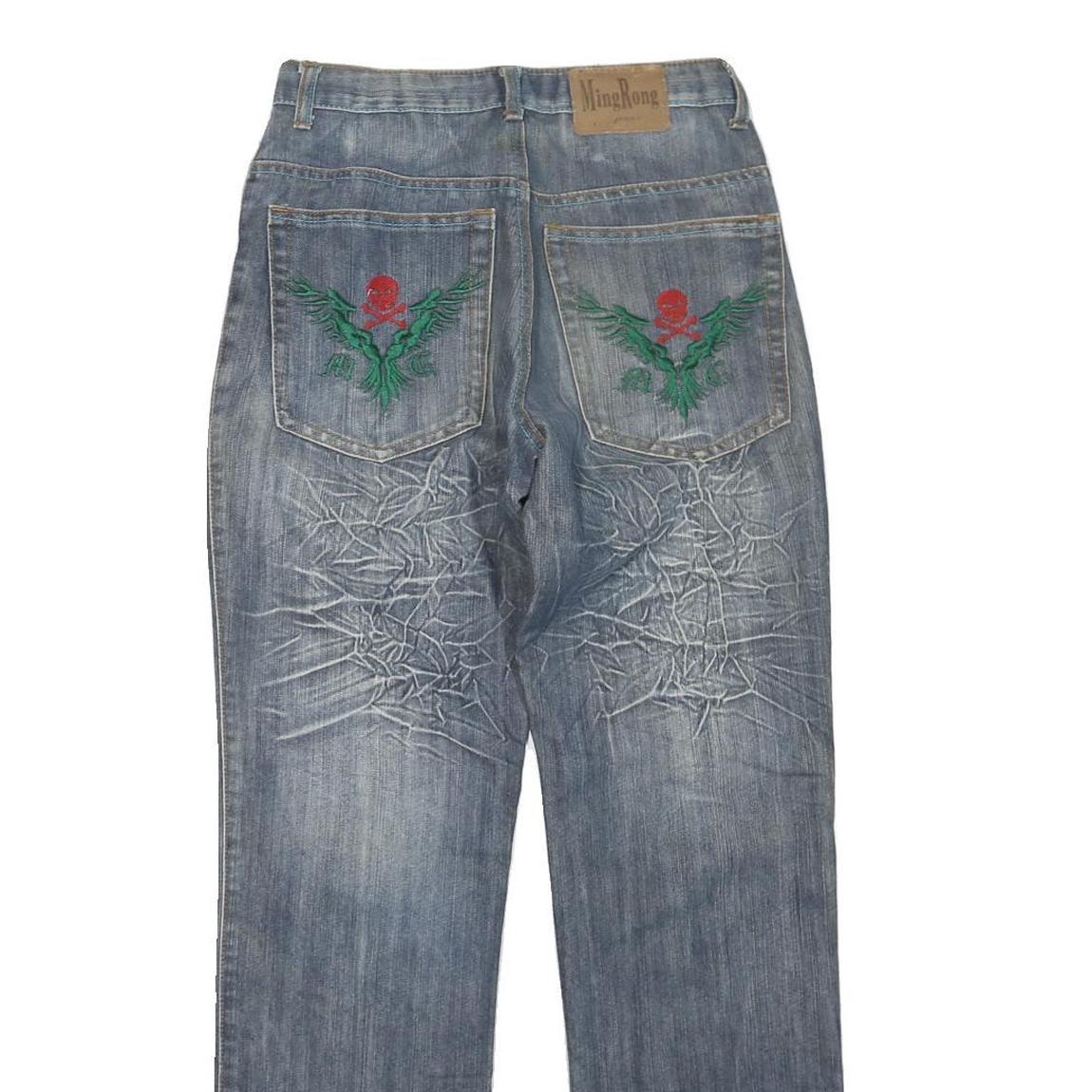 MINGRONG Womens Jeans Blue Regular Straight Denim W28 L30 Distressed Embroidery