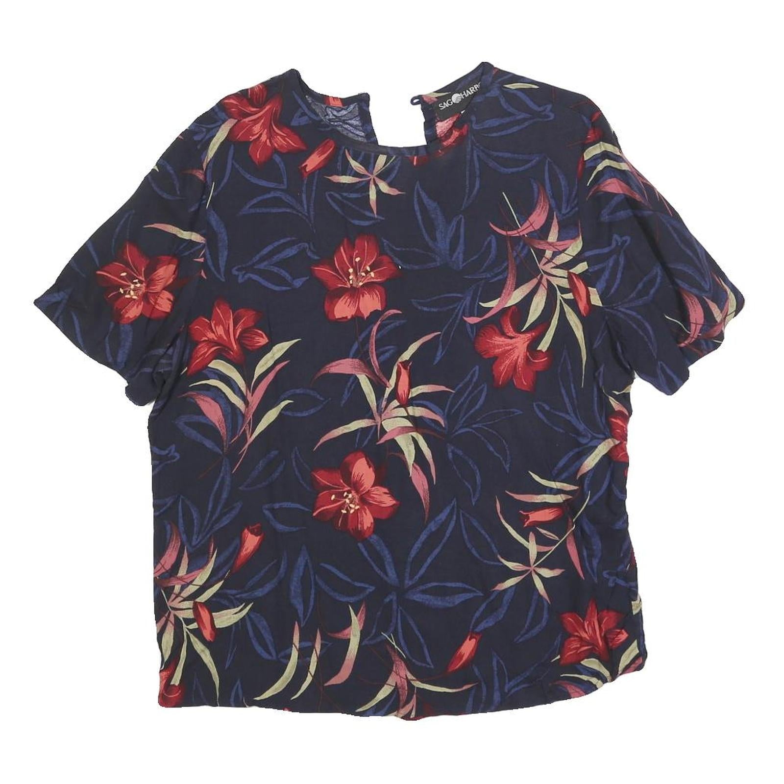 SAH HARBOR Womens Navy Blue & Red Floral Printed Basic Top Short Sleeve Round