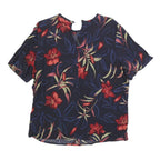 SAH HARBOR Womens Navy Blue & Red Floral Printed Basic Top Short Sleeve Round