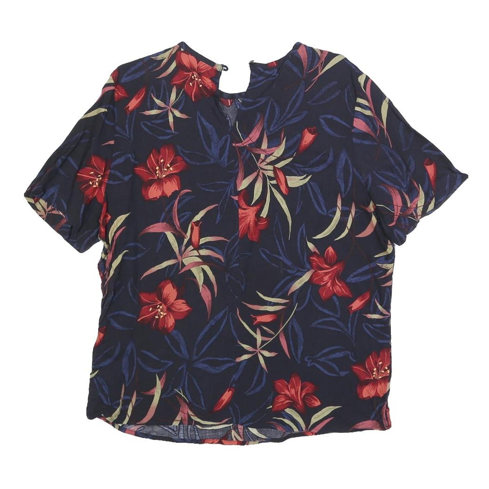SAH HARBOR Womens Navy Blue & Red Floral Printed Basic Top Short Sleeve Round