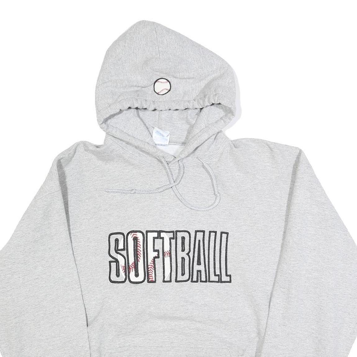 GILDAN Womens Grey Softball Pullover Hoodie L Printed Sports Sweatshirt