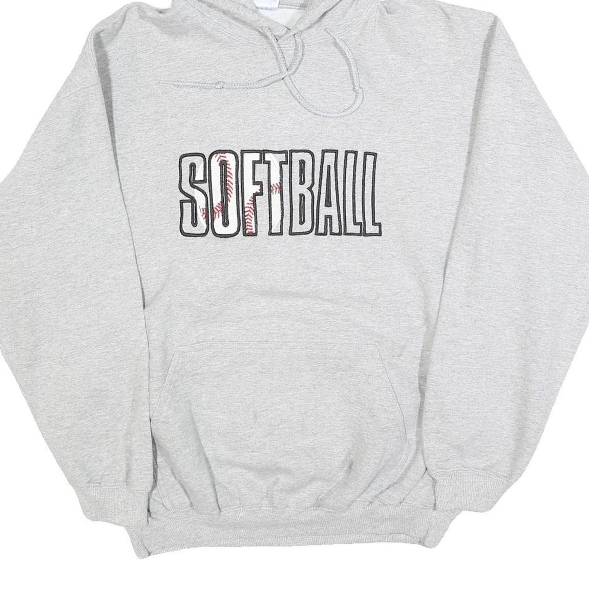 GILDAN Womens Grey Softball Pullover Hoodie L Printed Sports Sweatshirt