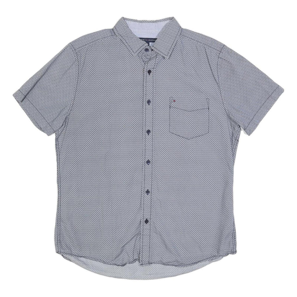TOMMY HILFIGER Mens Blue Patterned Shirt L Cotton Blend Casual Short Sleeve