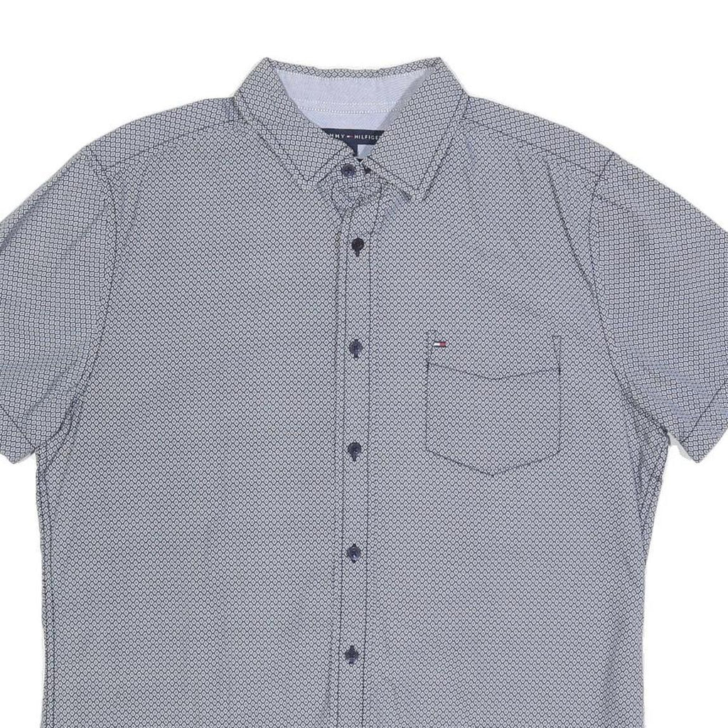 TOMMY HILFIGER Mens Blue Patterned Shirt L Cotton Blend Casual Short Sleeve