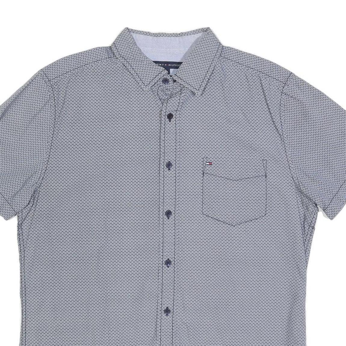 TOMMY HILFIGER Mens Blue Patterned Shirt L Cotton Blend Casual Short Sleeve