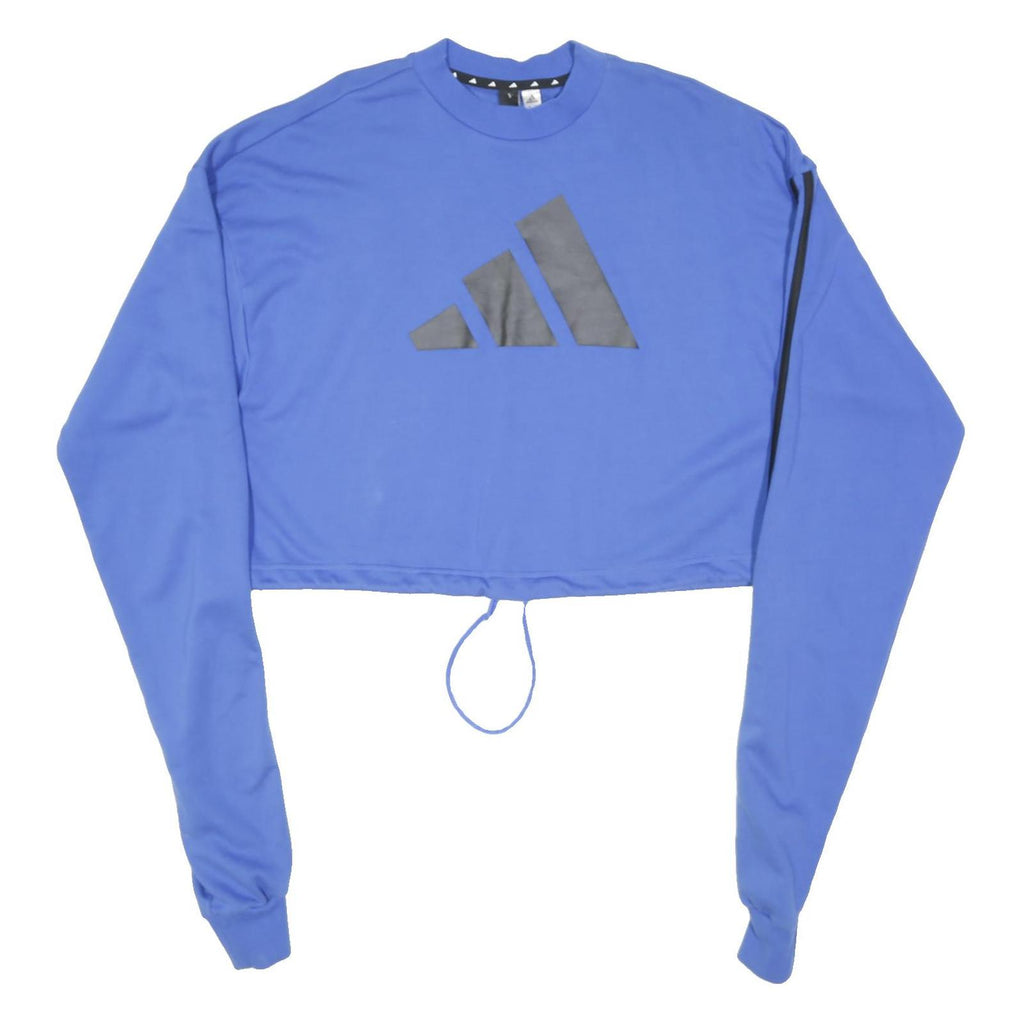 ADIDAS Womens Blue Cropped Sweatshirt Crew Neck S Black Logo Striped Sleeves