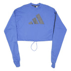 ADIDAS Womens Blue Cropped Sweatshirt Crew Neck S Black Logo Striped Sleeves