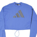 ADIDAS Womens Blue Cropped Sweatshirt Crew Neck S Black Logo Striped Sleeves
