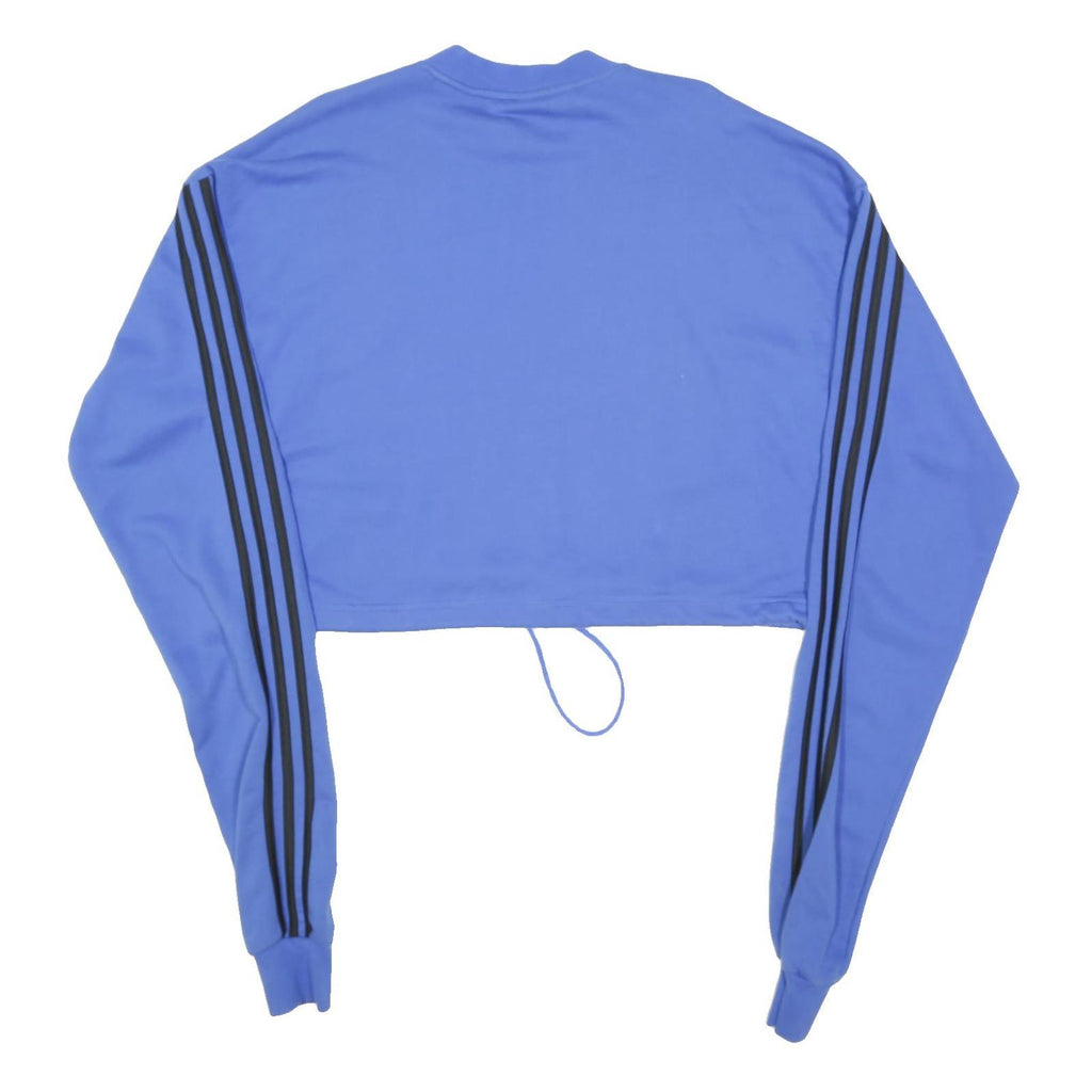ADIDAS Womens Blue Cropped Sweatshirt Crew Neck S Black Logo Striped Sleeves