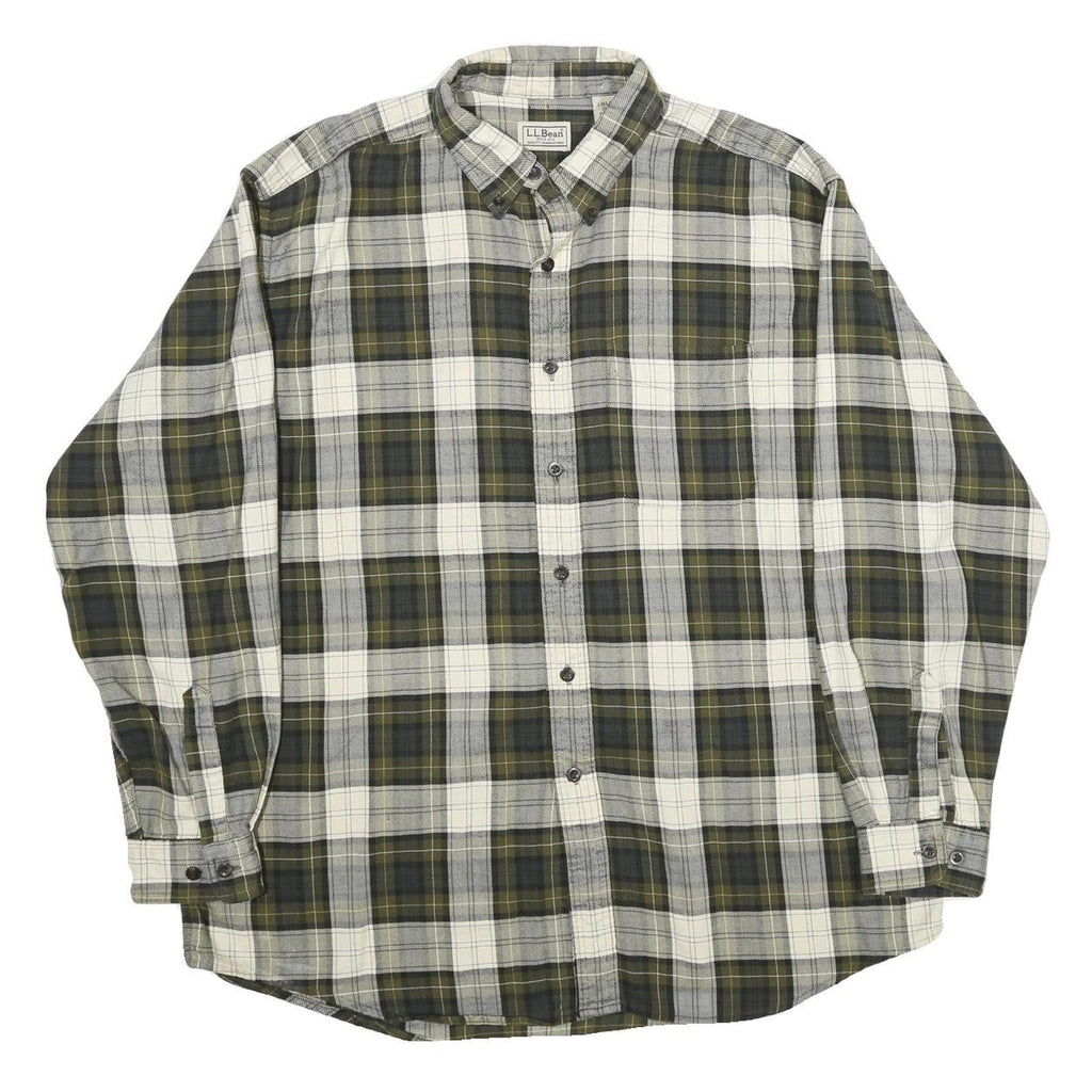 LL BEAN Mens Green & Grey Plaid Cotton Shirt L Button-Down Casual Long Sleeve