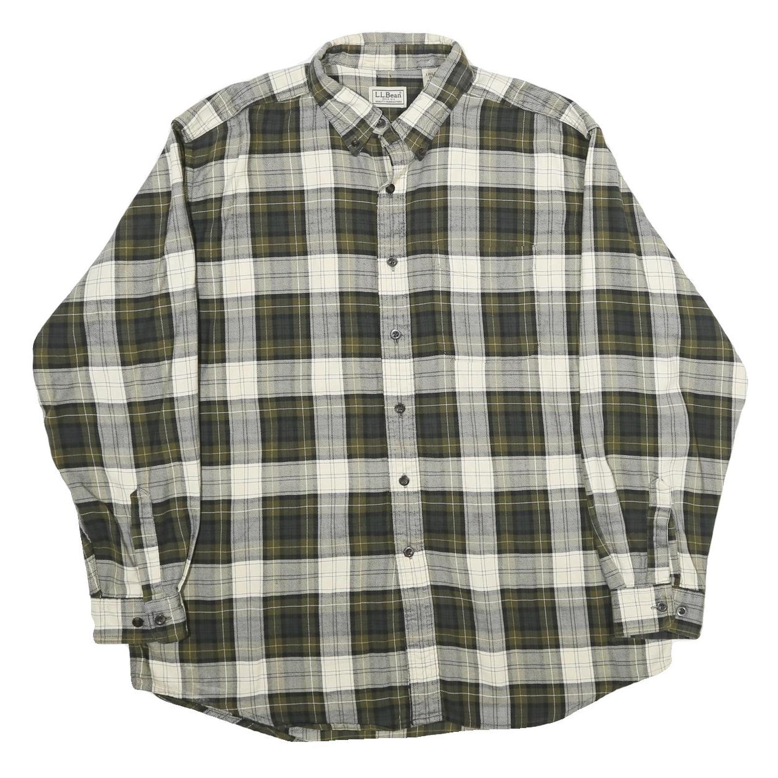 LL BEAN Mens Green & Grey Plaid Cotton Shirt L Button-Down Casual Long Sleeve