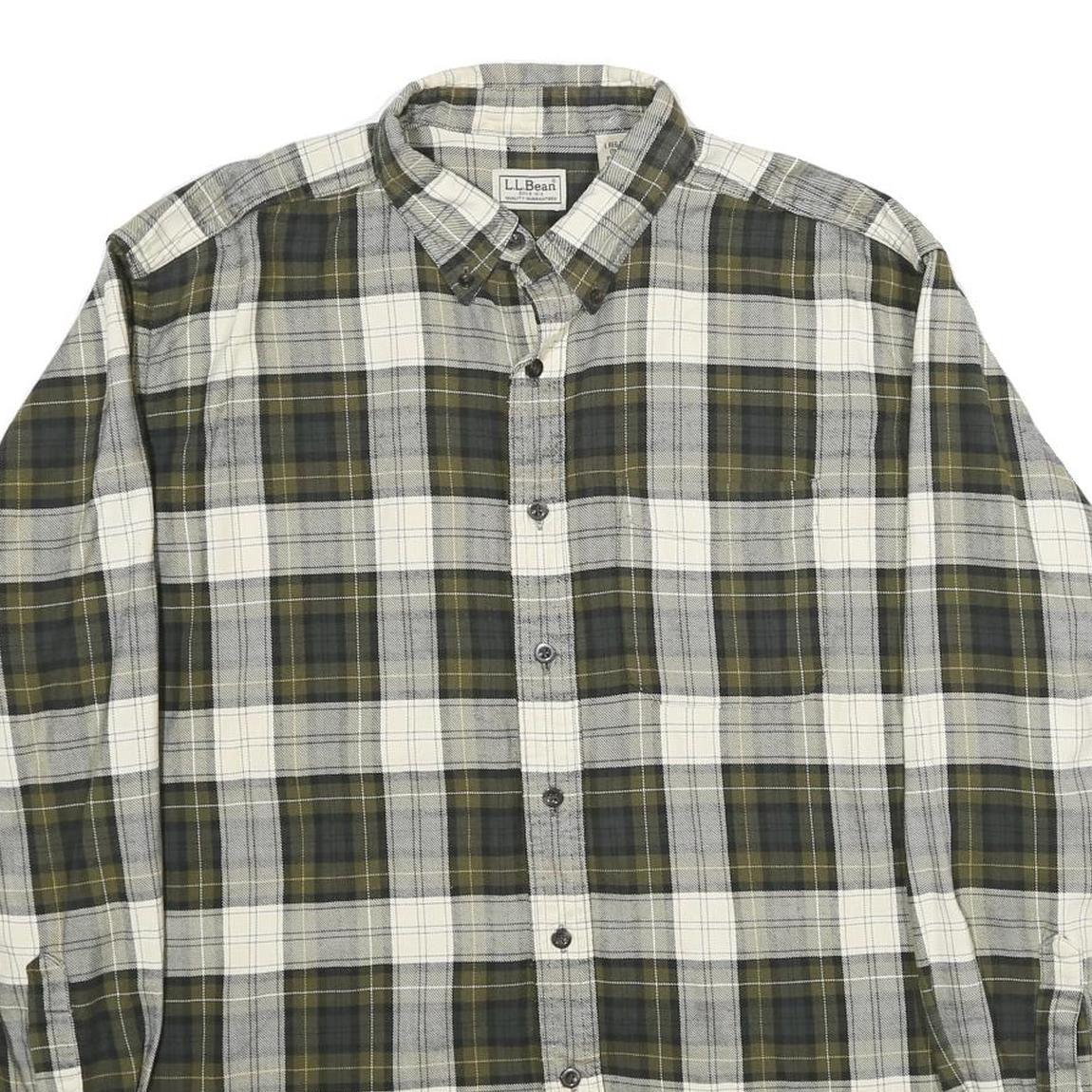 LL BEAN Mens Green & Grey Plaid Cotton Shirt L Button-Down Casual Long Sleeve