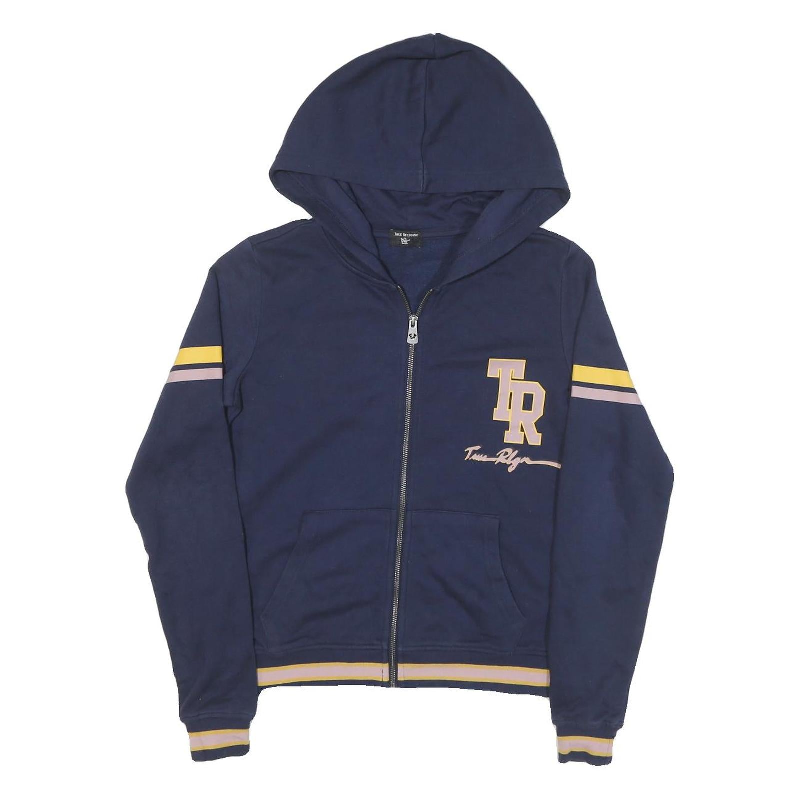 TRUE RELIGION Womens Navy Blue & Yellow Zip Up Hoodie XS Casual Cotton Blend
