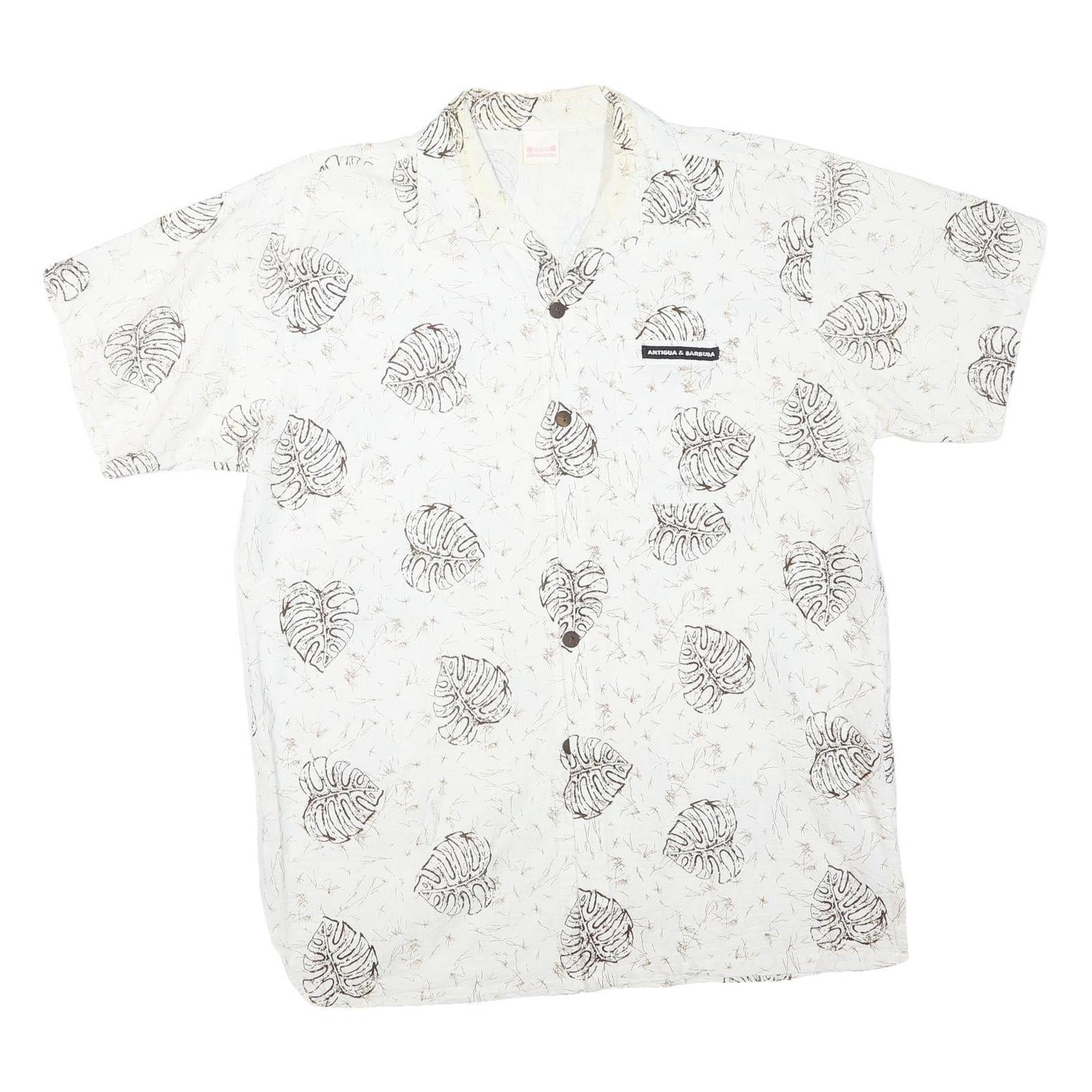 ISLAND EXPRESSIONS Mens White & Brown Leaf Print Casual Shirt L Cotton Blend