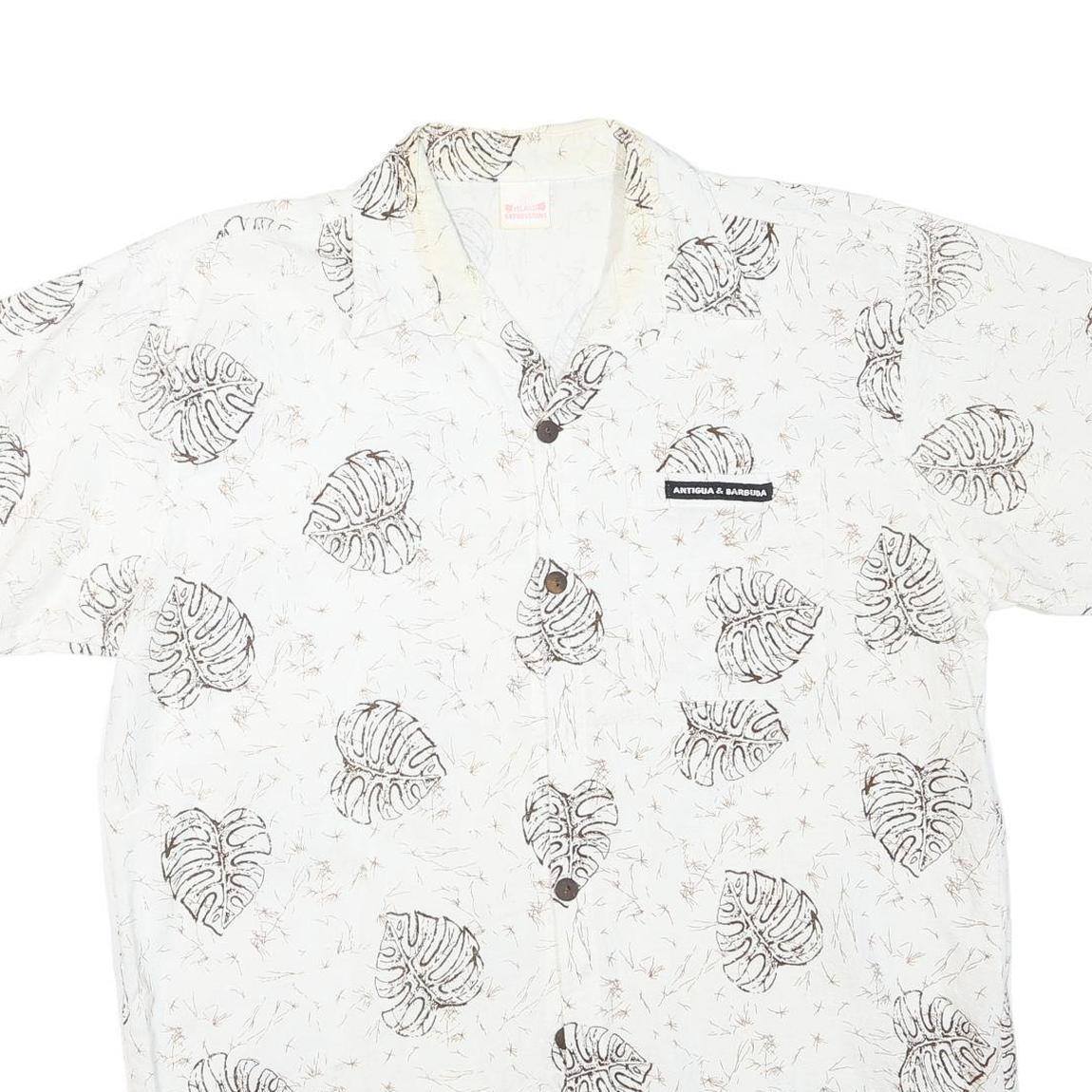 ISLAND EXPRESSIONS Mens White & Brown Leaf Print Casual Shirt L Cotton Blend