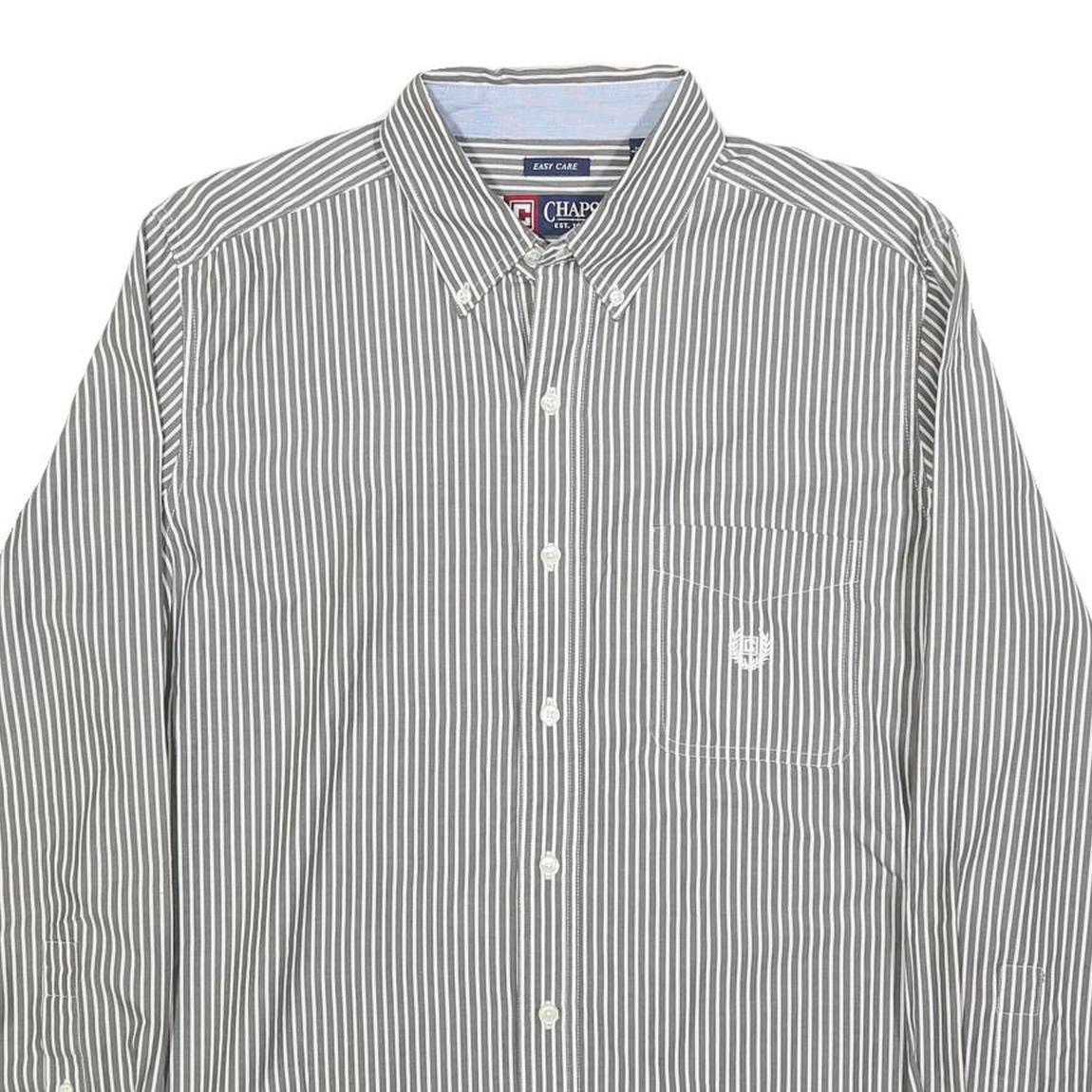 CHAPS Mens Grey & White Striped Shirt M Button-Down Collar Cotton Blend Classic