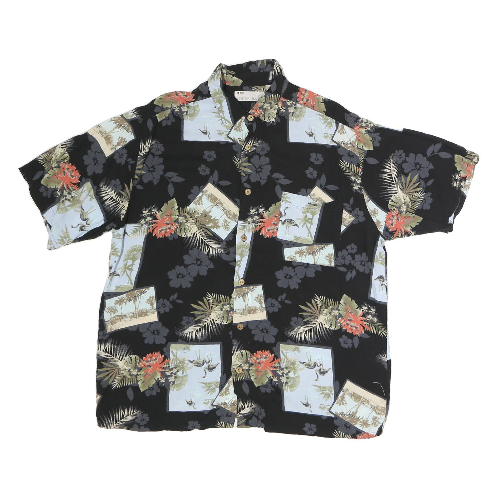 NATURAL ISSUE Mens Black & Green Floral Hawaiian Shirt L Vintage Style Casual