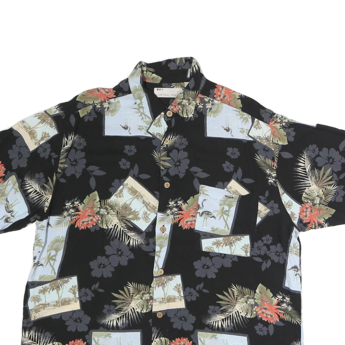 NATURAL ISSUE Mens Black & Green Floral Hawaiian Shirt L Vintage Style Casual